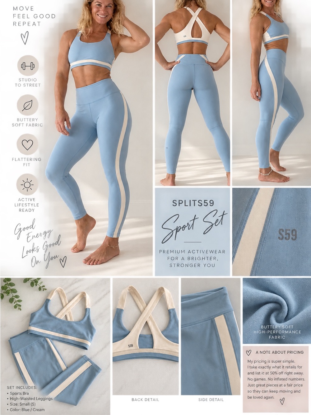Splits59 Light Blue Leggings + Sports Bra with Cream Side Stripe - Full Set